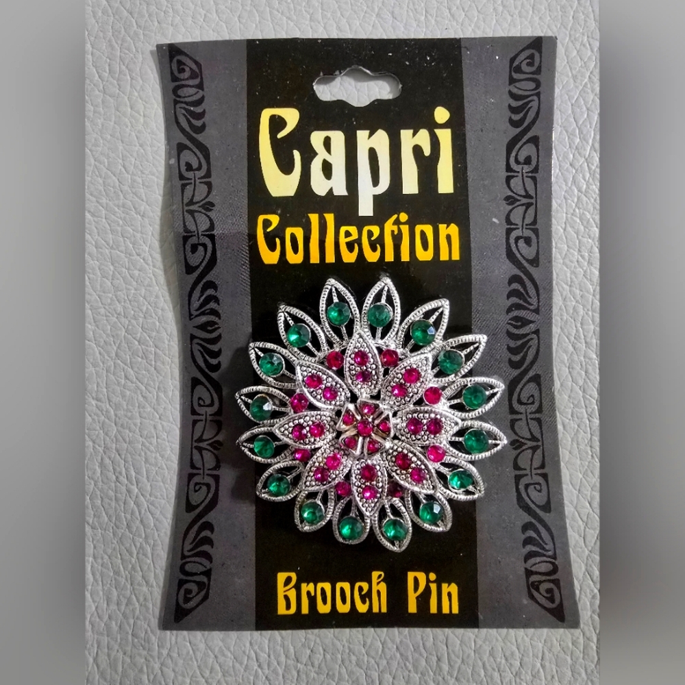 New Vintage 1990s Capri Collection Brooch Pin Tri-color Pink Green Rhinestones